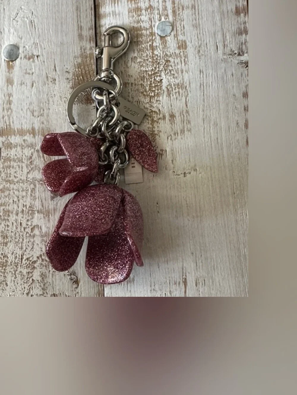 Coach Pink Glitter Floral Keyring Charm with Silver Hardware